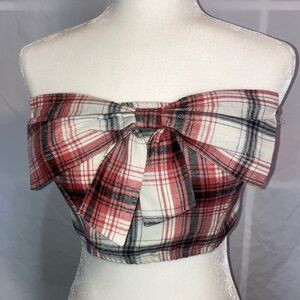 Anthropologie Red Plaid Off-Shoulder Crop Top